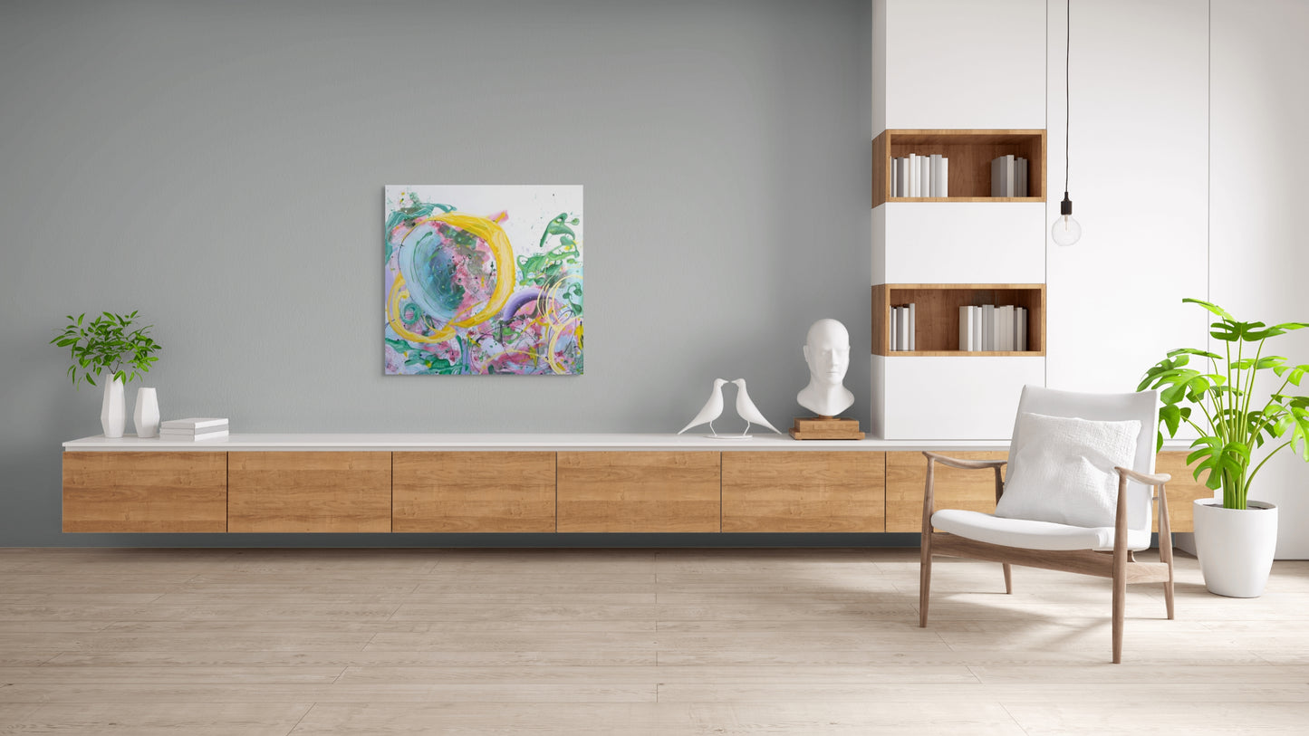 Large Colourful Abstract Painting - "Joy" by Sung Lee - 91 x 91 cm
