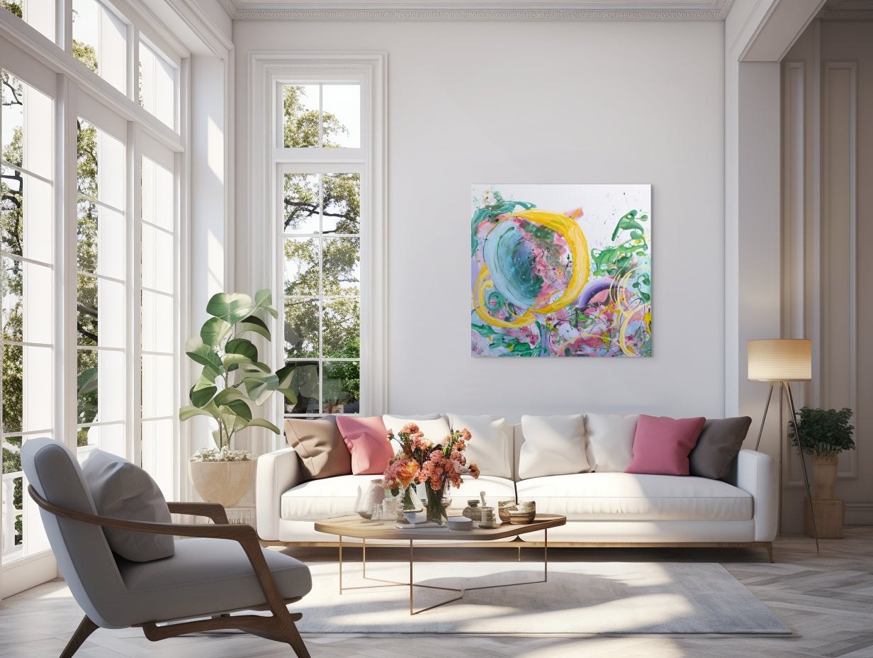 Large Colourful Abstract Painting - "Joy" by Sung Lee - 91 x 91 cm
