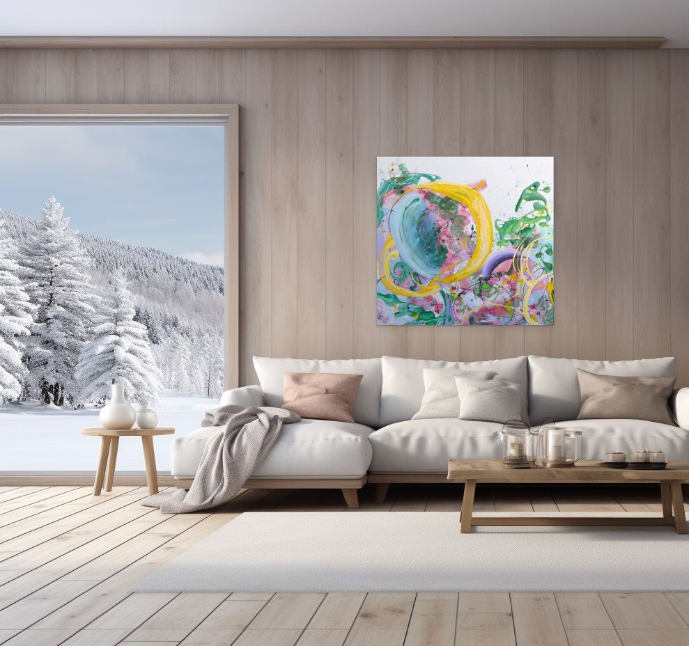 Large Colourful Abstract Painting - "Joy" by Sung Lee - 91 x 91 cm