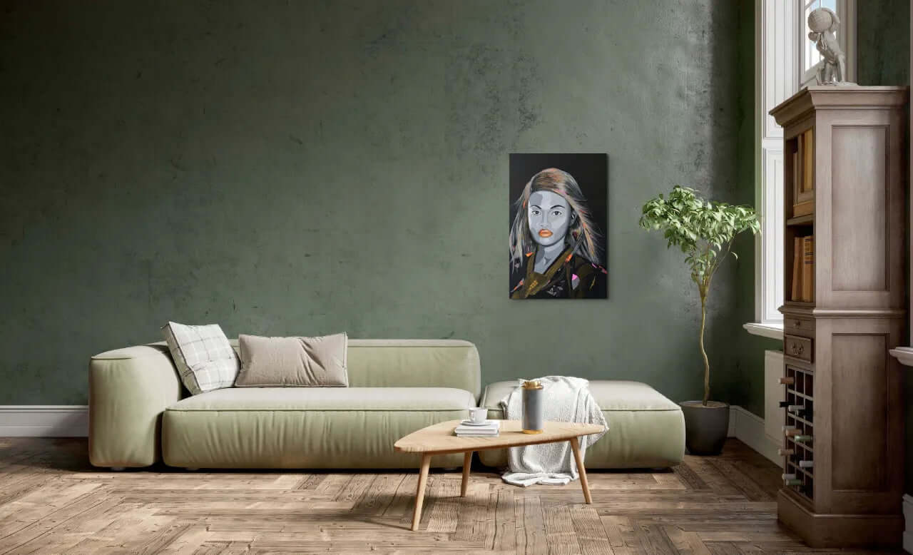 Artwork-by-Sung-Lee-Lost-Identity-Mabel-Long-White-Lounge-Original-Canvas-Painting-Australia