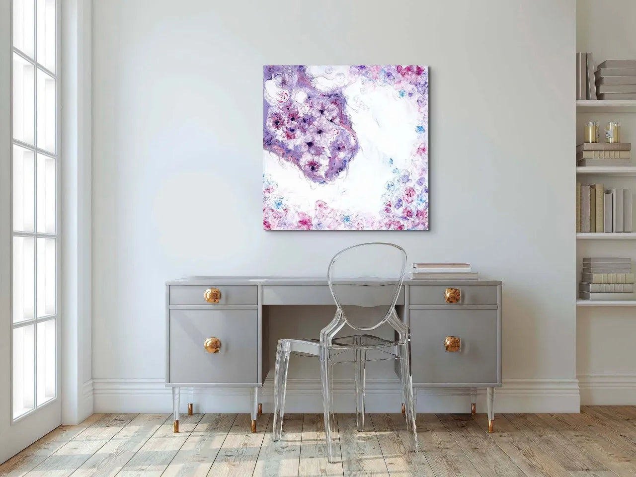 Abstract-Artwork-by-Sung-Lee-Nature-Series-Jacaranda-One-Desk-Original-Painting-on-Canvas